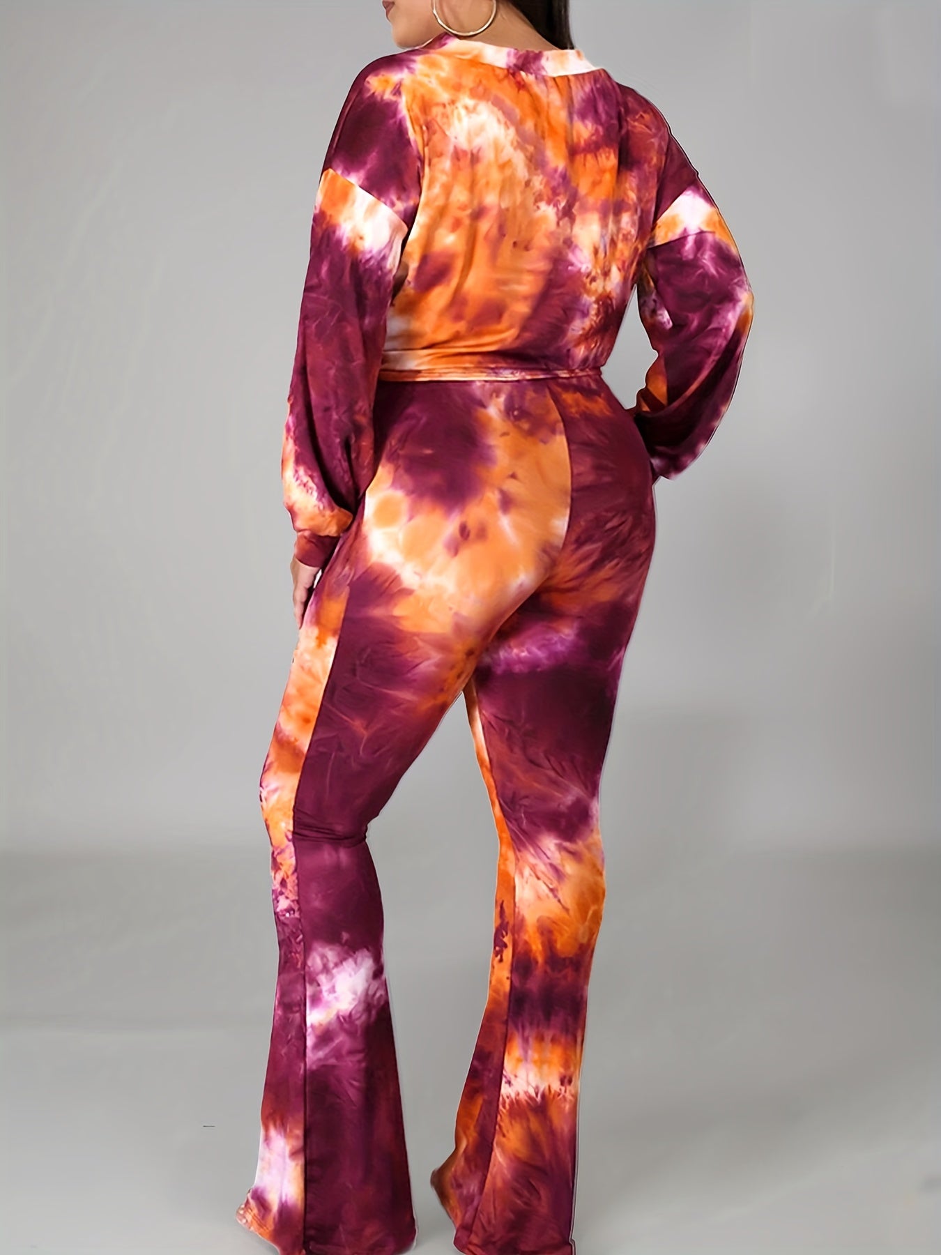 Women's Plus Tie Dye 2-Piece Set - Long Sleeve Top & Flared Leg Pants