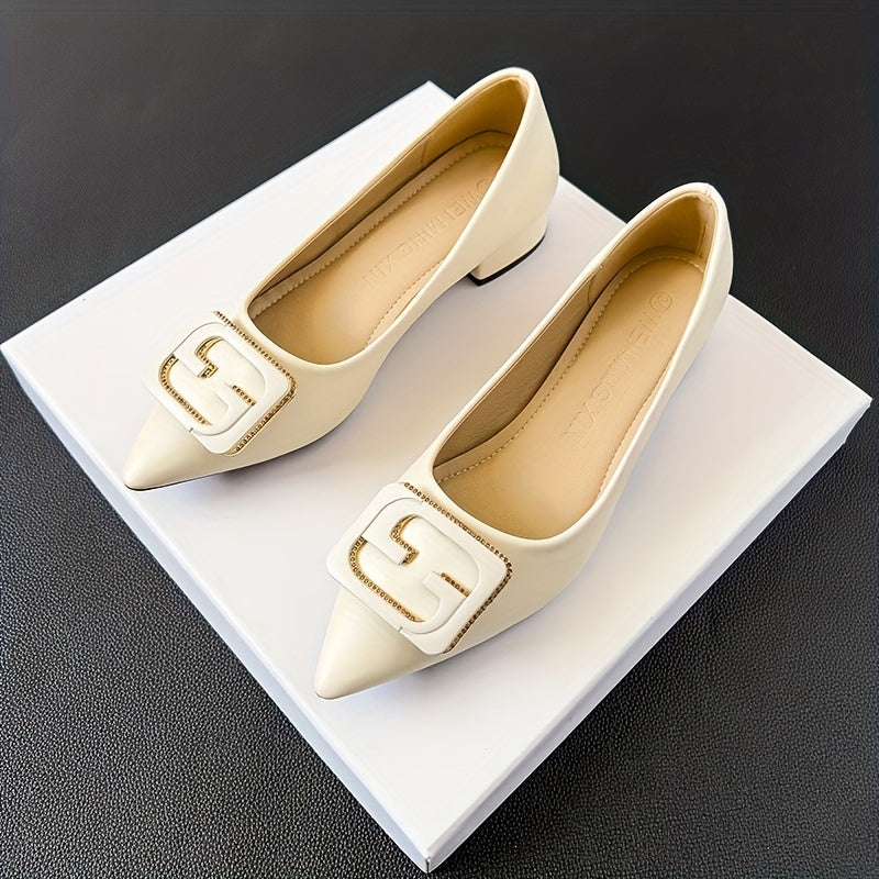 Women's Buckle Decor Point Toe Slip On Chunky Heel Shoes