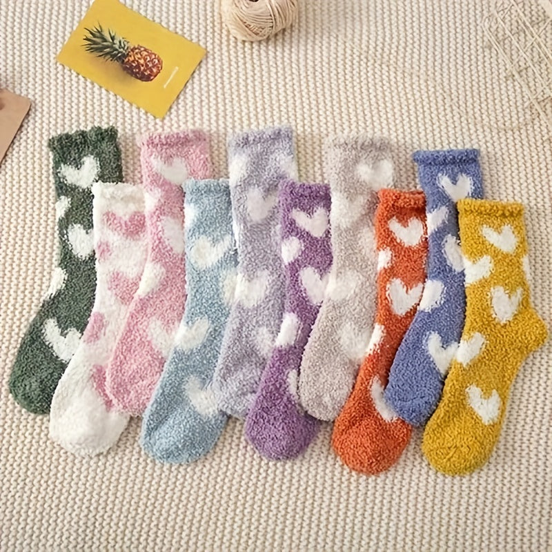 Heart Print Fuzzy Floor Socks Women's Stockings