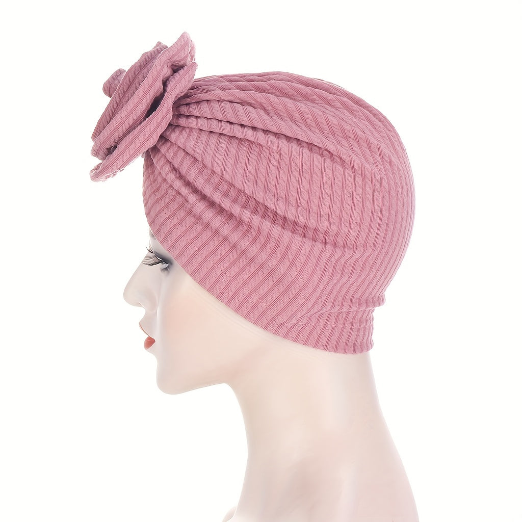 Embossed Plate Flower Turban Cap Vintage Elastic Head Wrap