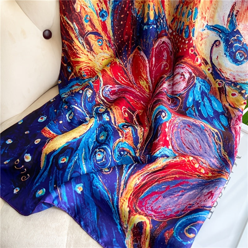 Red & Phoenix Floral Scarf Oil Painting Shawl Vintage Turban