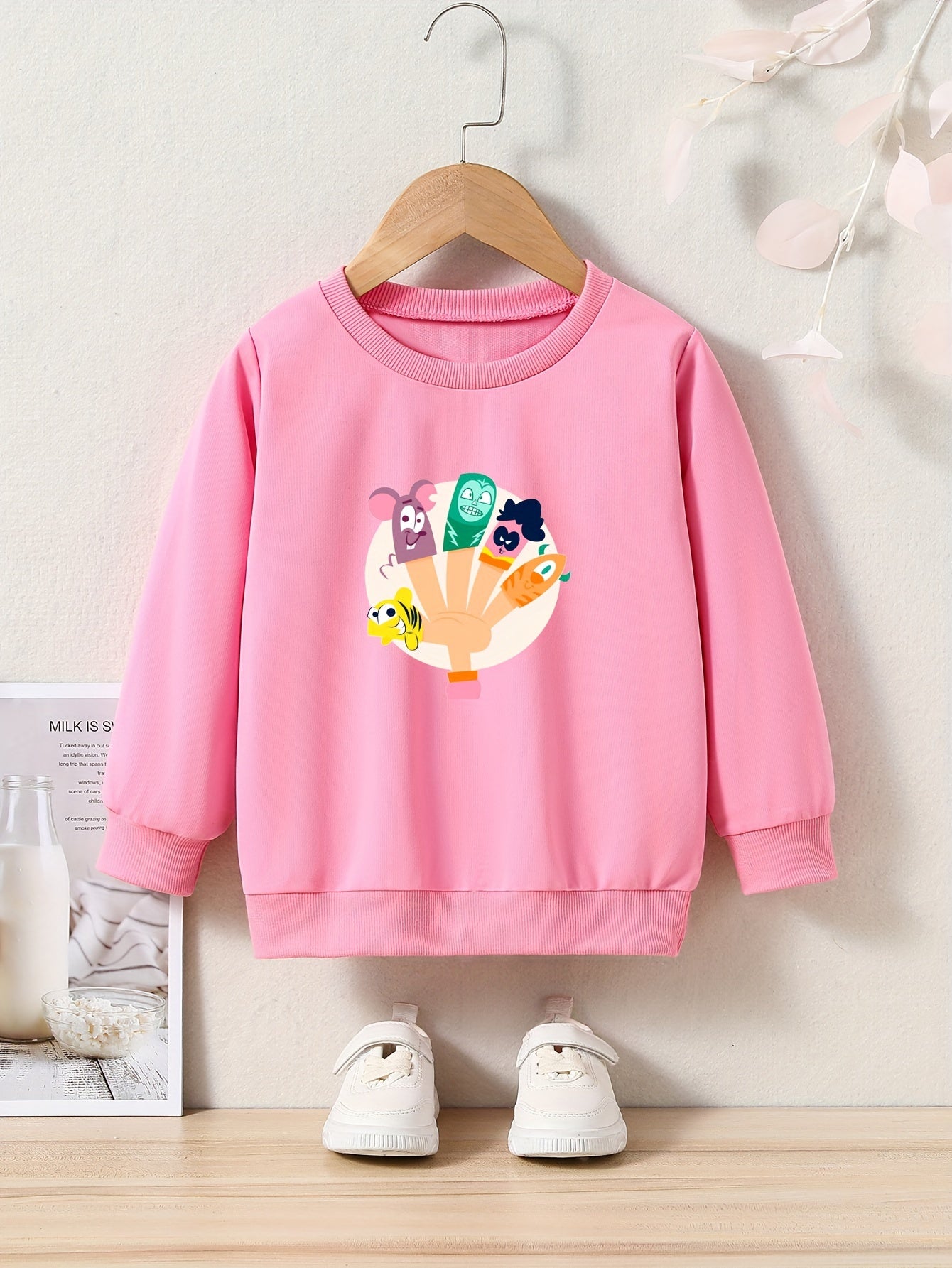 Cartoon Hand And Animals Print Girls Sweatshirt