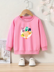 Cartoon Hand And Animals Print Girls Sweatshirt
