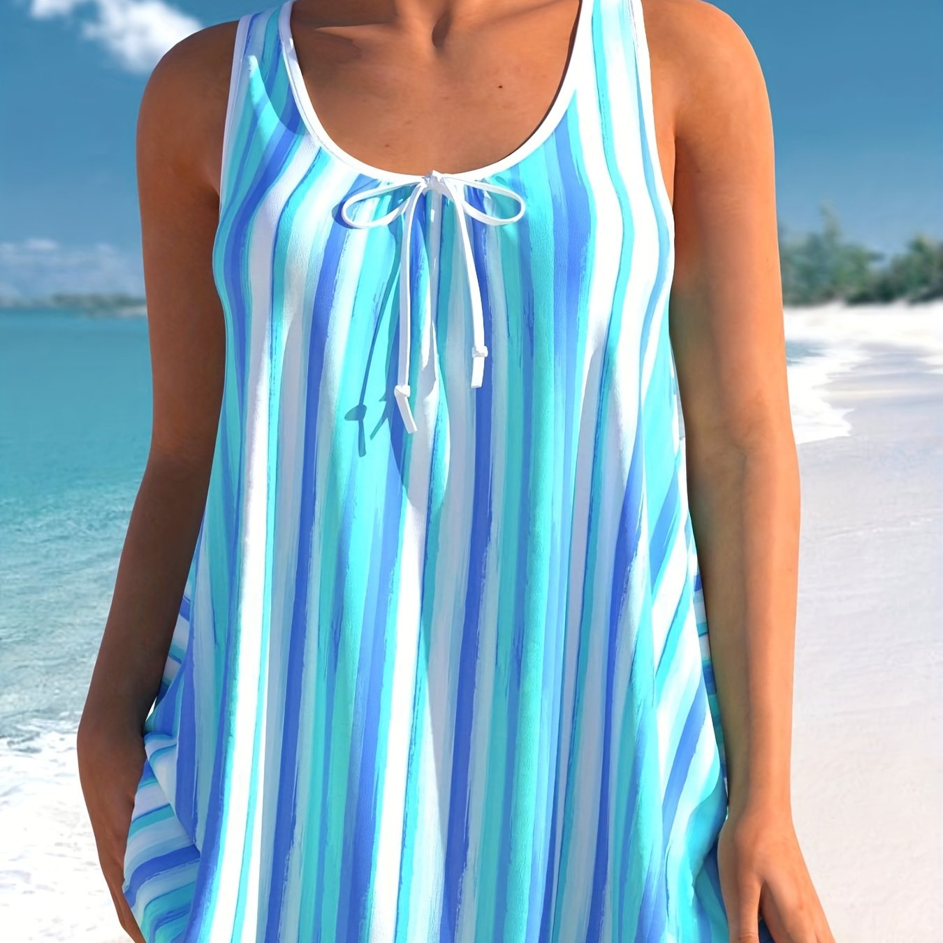 Striped Tankini Set Knot Front Tank Top & Shorts Swimsuit