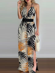 Boho Tropical Print Halter Neck Jumpsuit Backless Side Split