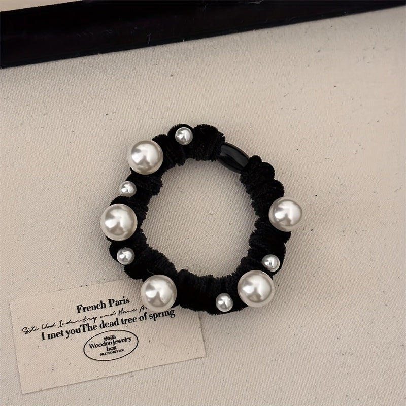 Pearl Decors Elastic Scrunchies Velvet Ponytail Holders