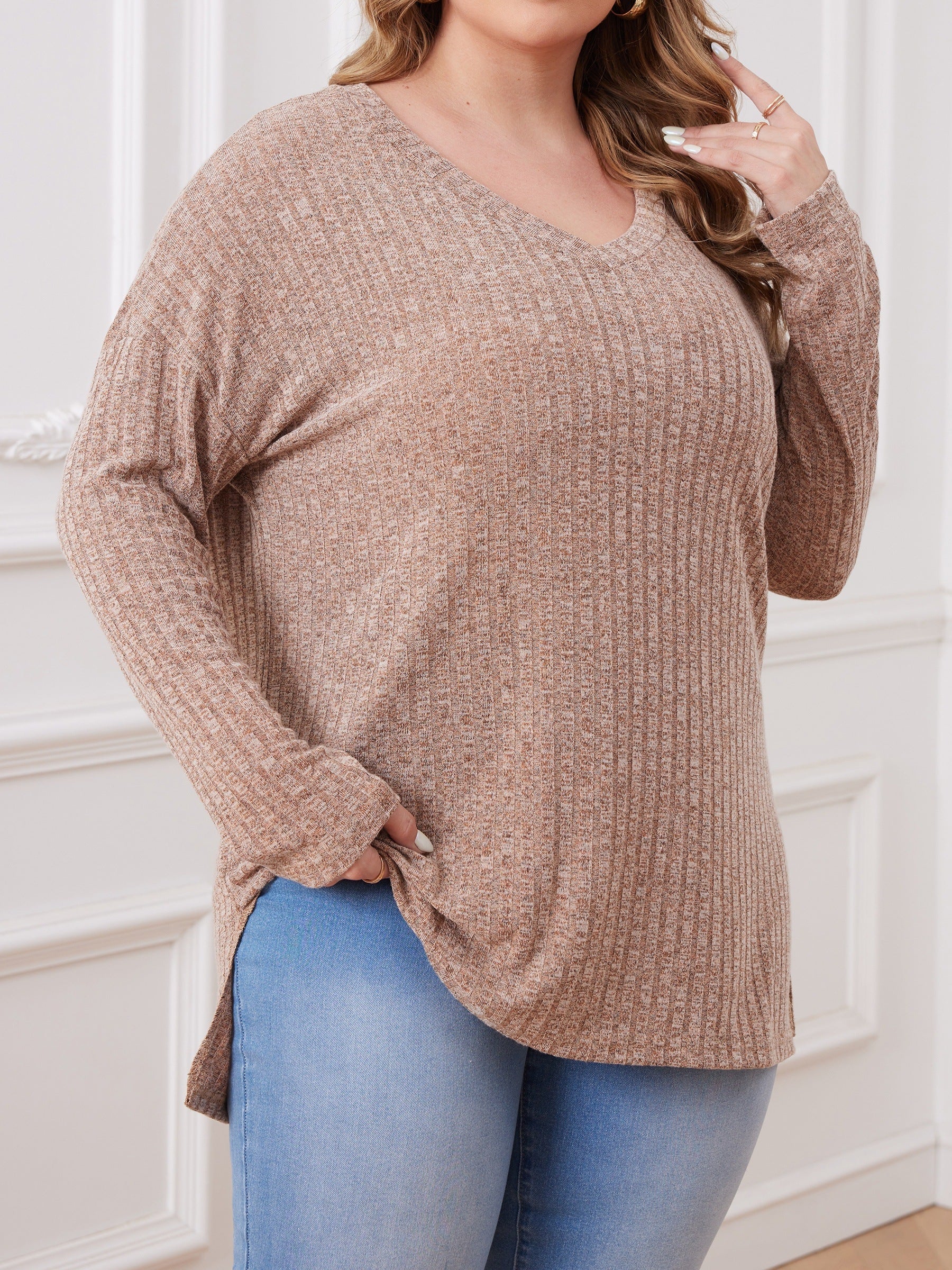 Solid Long Sleeve V Neck Ribbed Knit Top