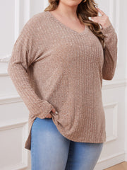 Solid Long Sleeve V Neck Ribbed Knit Top
