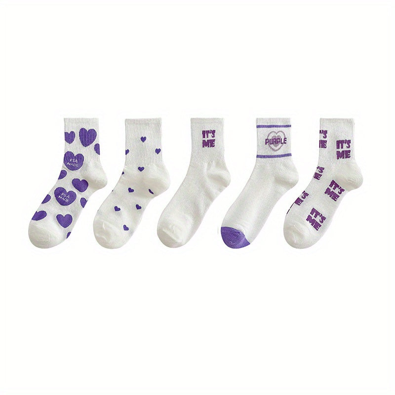 5 Pairs Heart Print Socks Comfy Women's Stockings & Hosiery
