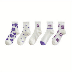 5 Pairs Heart Print Socks Comfy Women's Stockings & Hosiery