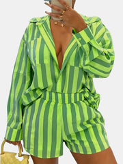 Striped Two piece Set Long Sleeve Shirt & Shorts