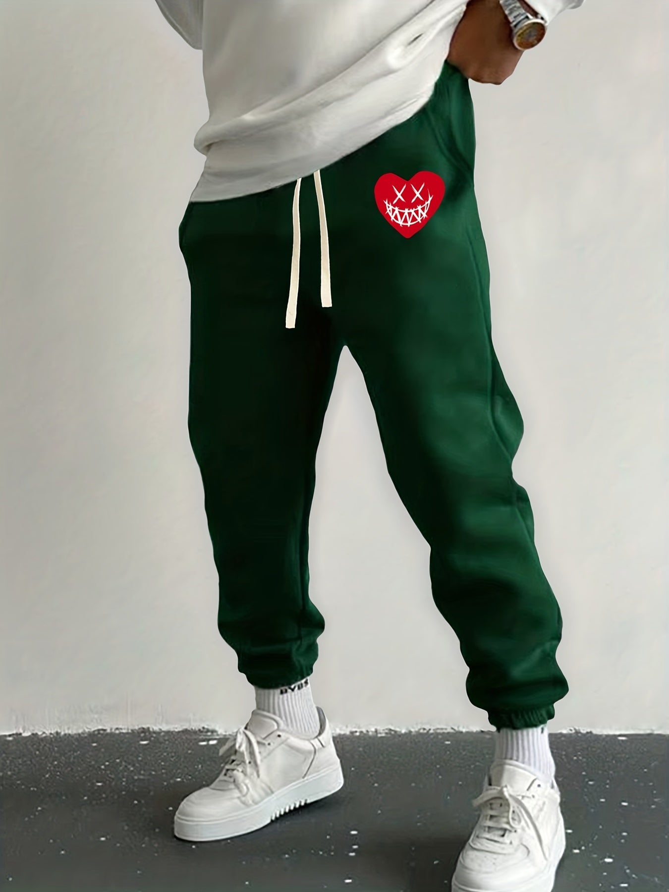 Love Heart Print Drawstring Sweatpants Loose Fit Pants Men's Casual Joggers