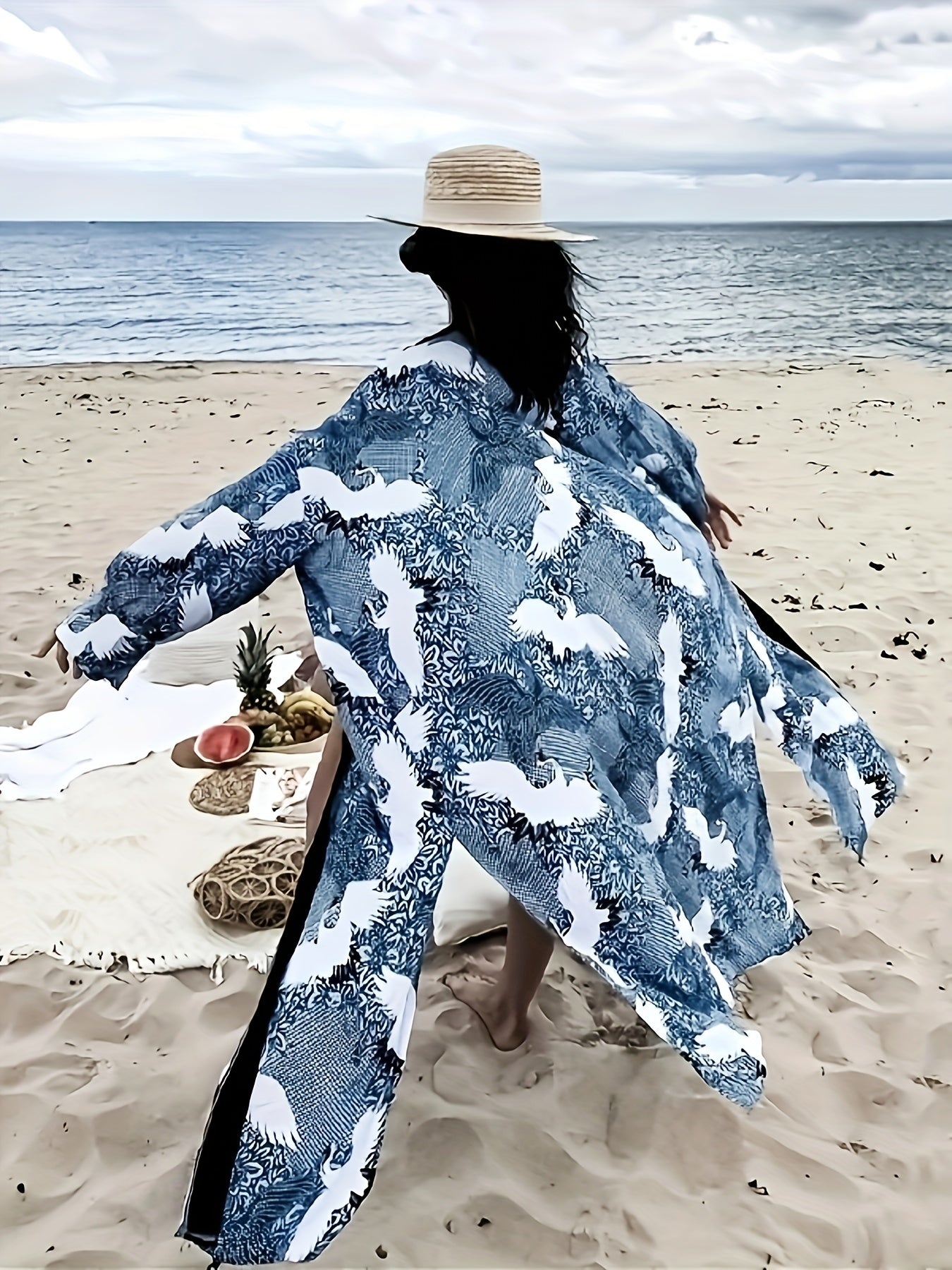 Crane Animal Print Long Sleeve Kimono Cover Up Shirt