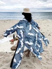 Crane Animal Print Long Sleeve Kimono Cover Up Shirt