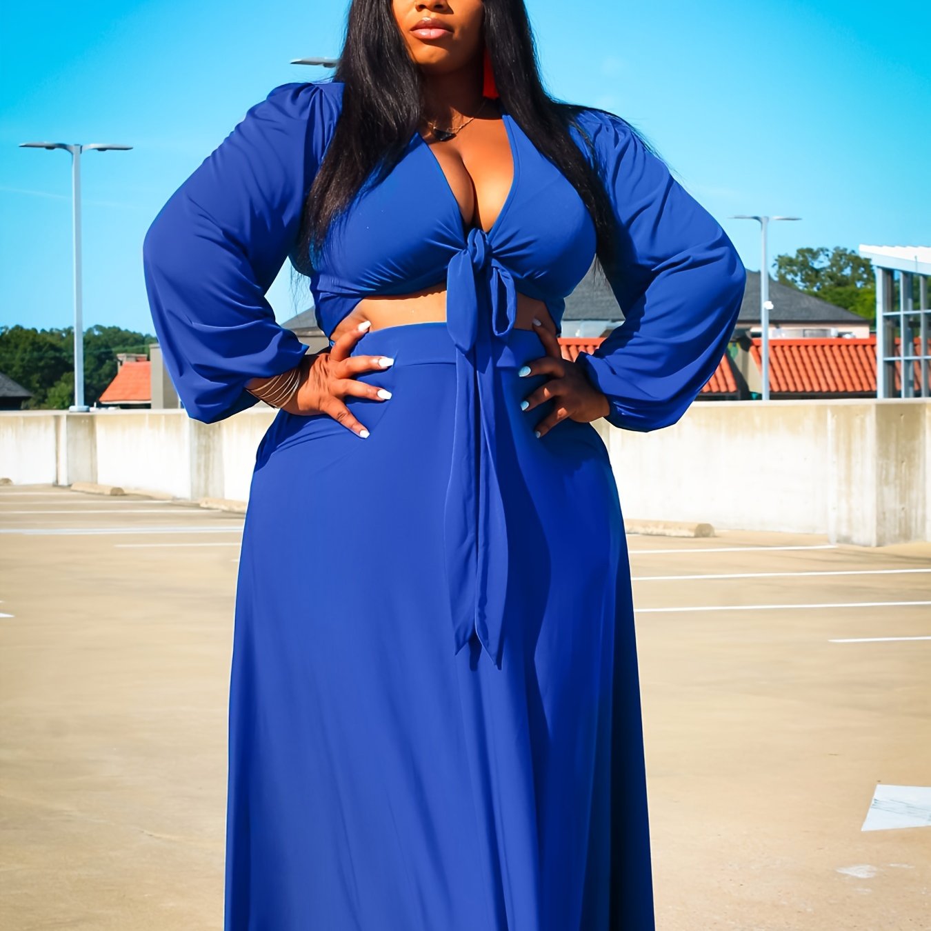 Deep V-Neck Knot Top & Long Skirt Set