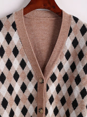Colorblock Check Print Button Up V Neck Sweater Cardigan