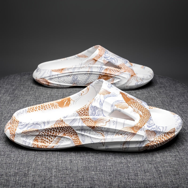 Men's Fish Print Cloud Slides Slippers Lightweight Non Slip Shoes