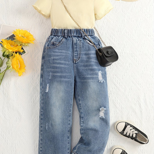 Girls Short Sleeve Tshirt & Ripped Jeans Set
