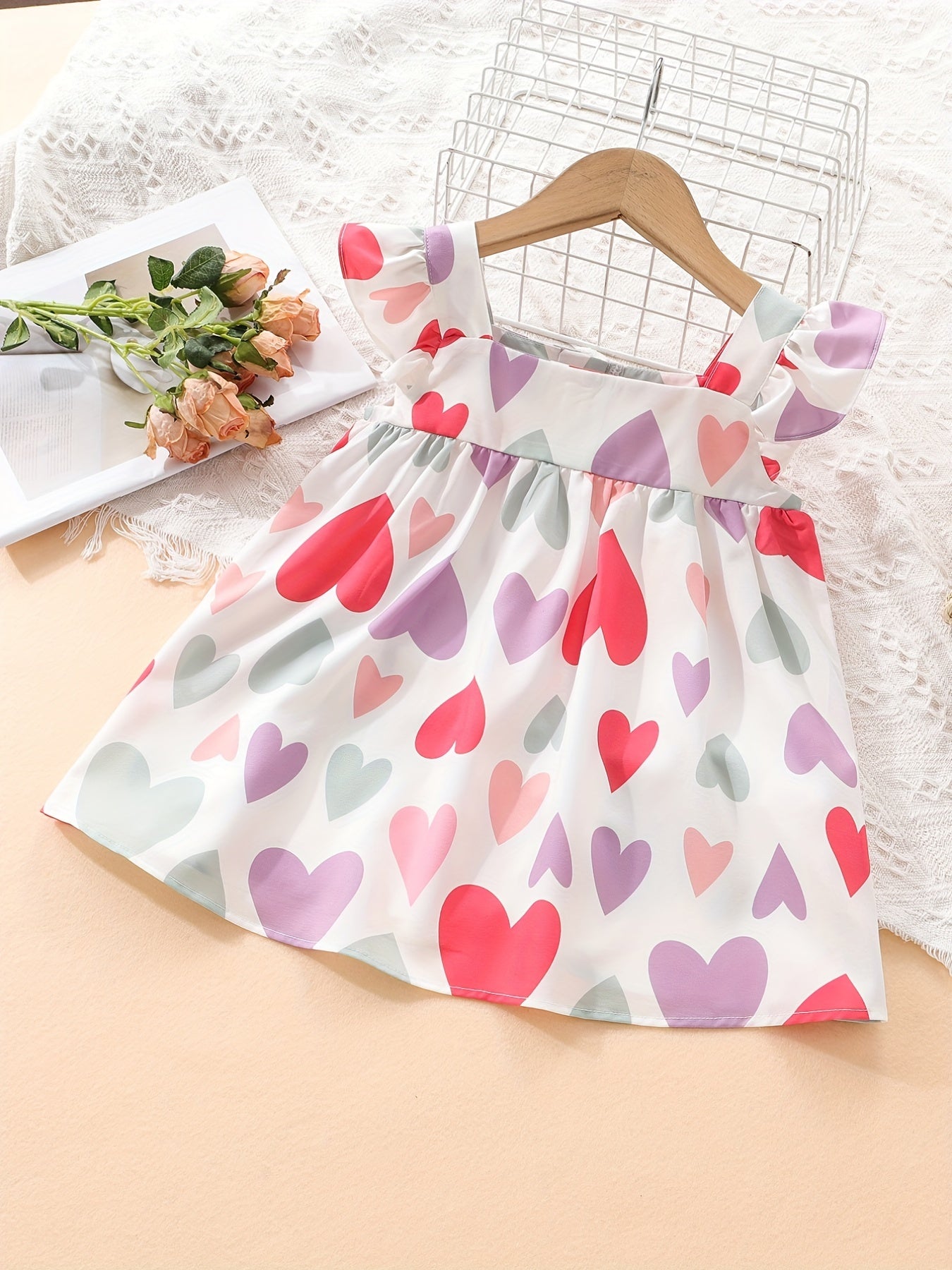 Colorful Heart Graphic Fly Sleeve Dress for Baby Girls