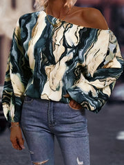Marble Print Lantern Sleeve Casual Blouse