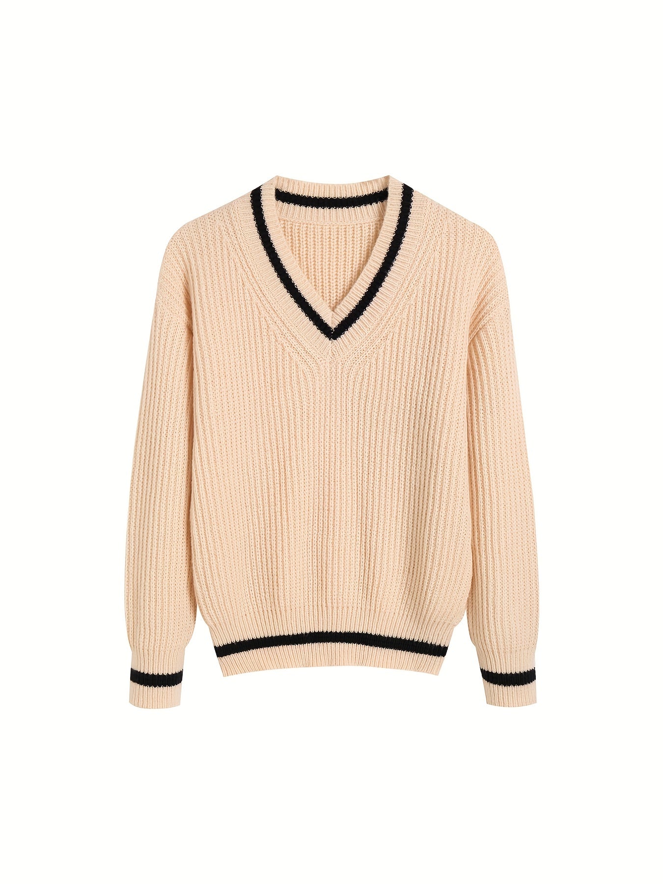 Striped Print Knit Sweater V Neck Long Sleeve Women's Clothing