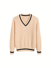 Striped Print Knit Sweater V Neck Long Sleeve Women's Clothing