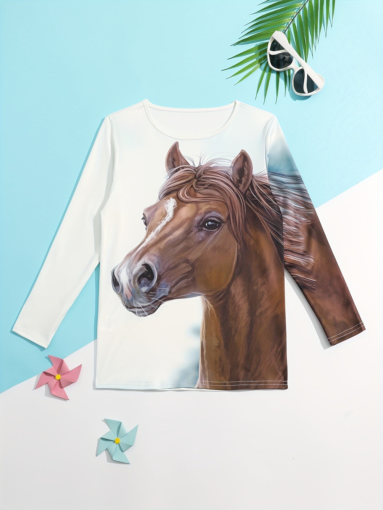 Girls Casual Pony Graphic Crew Neck Long Sleeve T shirt Spring Fall Gift