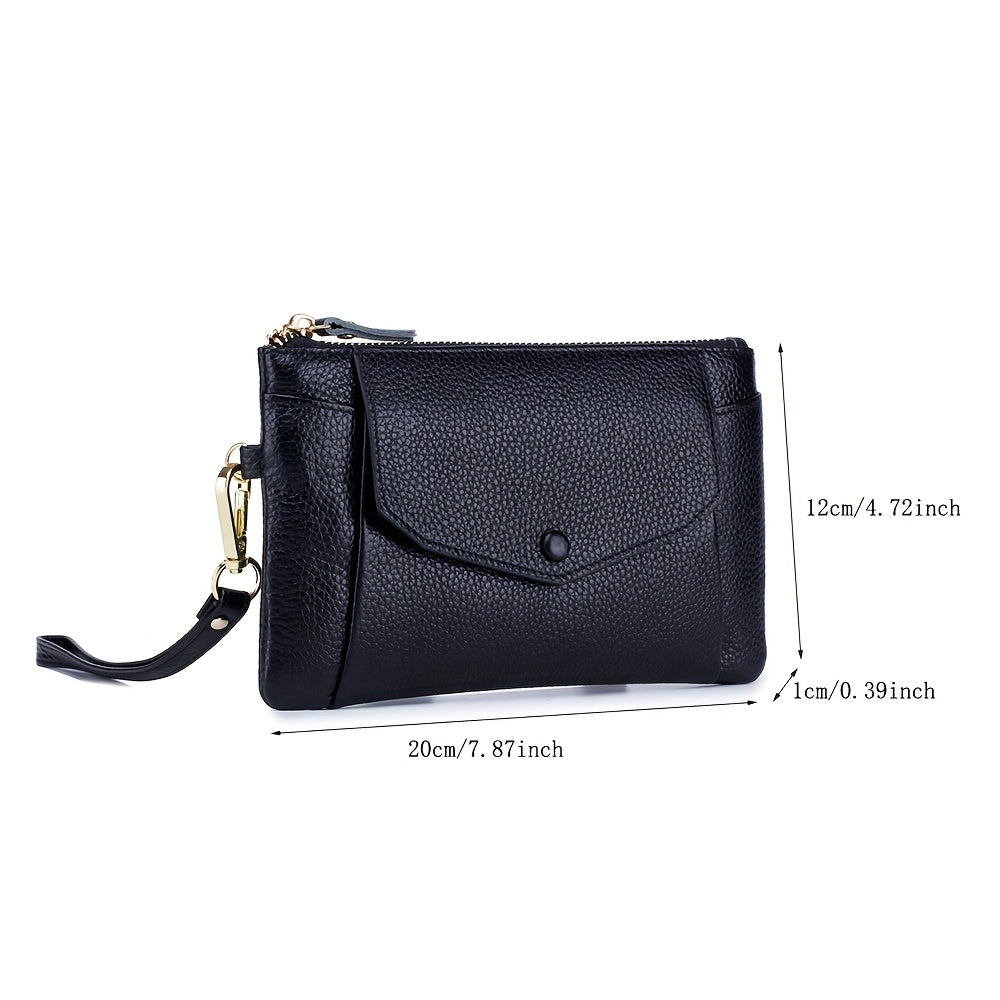 Leather Women's Clutch Bag with Zipper Closure & Wristlet