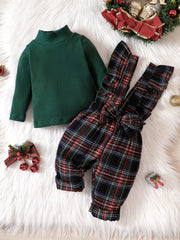 Baby Girls Knitted Top & Bow Ruffle Plaid Suspender Trousers Set