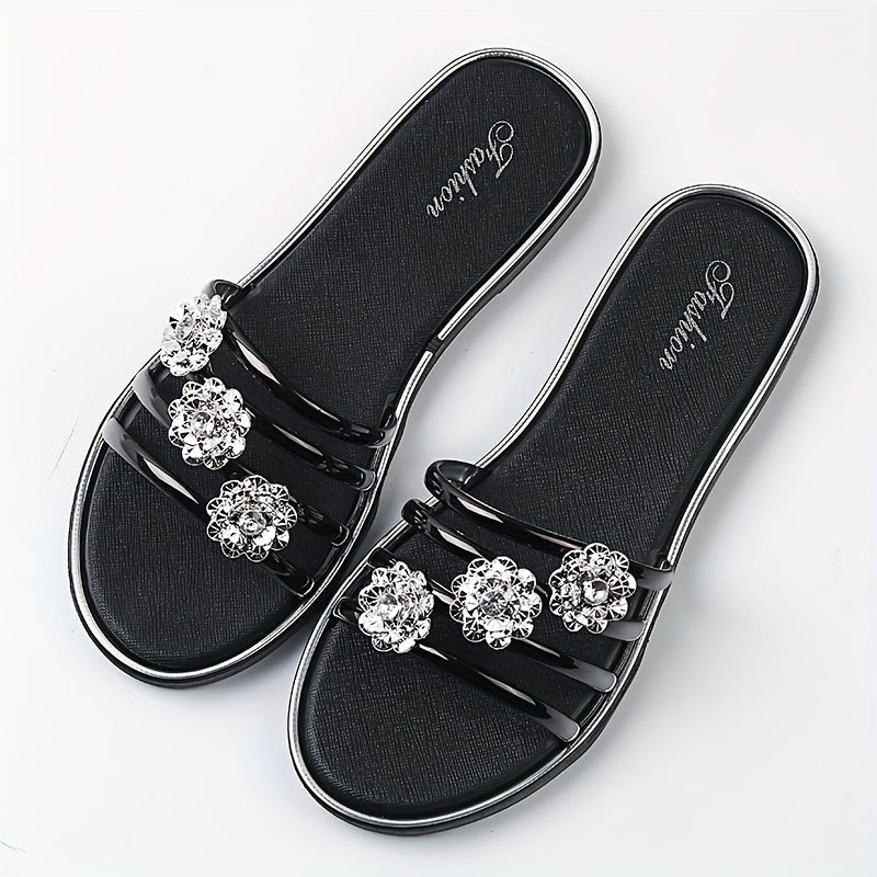 Rhinestone Flat Slides Open Toe Non Slip Shoes