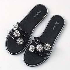Rhinestone Flat Slides Open Toe Non Slip Shoes