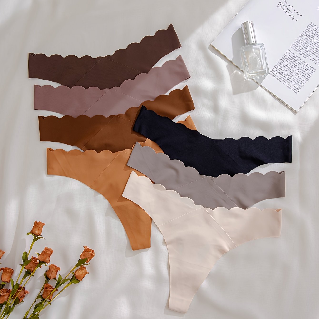 7pcs Scallop Trim Thongs Soft Comfy Stretchy Underwear
