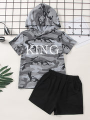 Boys Camo Print Cotton Hooded Top with KING Print & Shorts