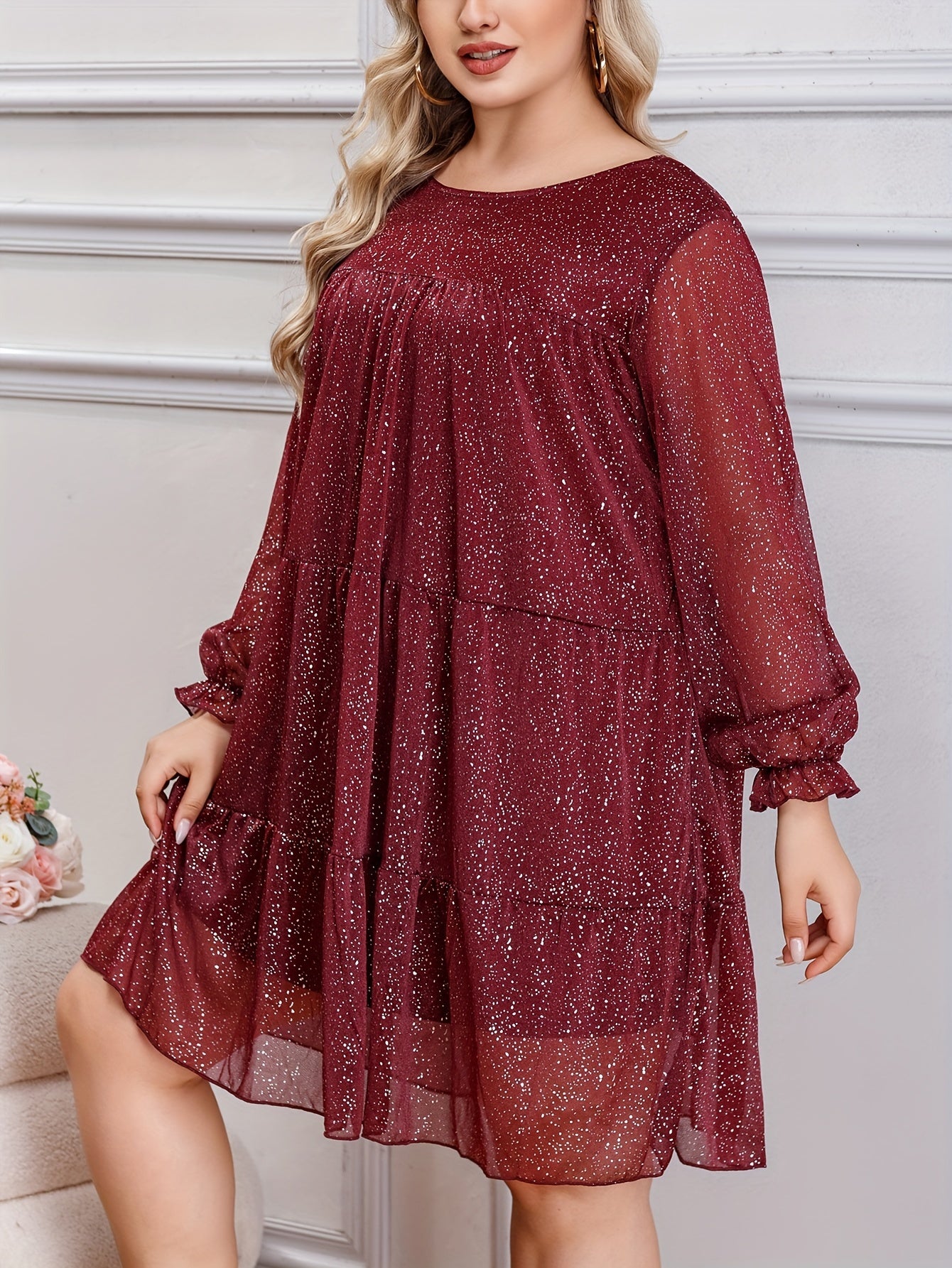 Women's Plus Glitter Flounce Sleeve Mesh Mini Dress