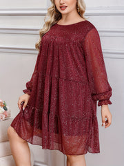 Women's Plus Glitter Flounce Sleeve Mesh Mini Dress