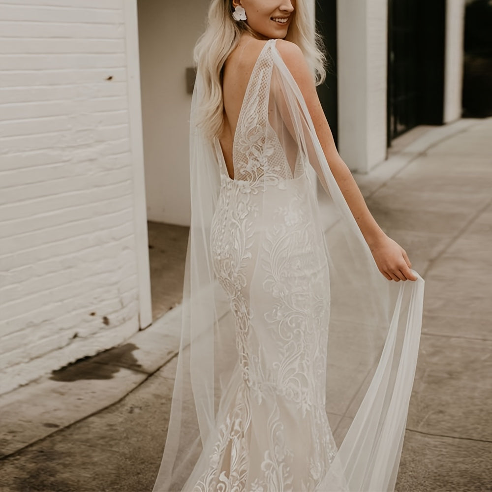 Sheer Bridal Cape Long Soft Tulle Wedding Shawl for Boho Ceremony