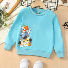Boys Hi Kitten Sweatshirt Long Sleeve Round Neck Casual Pullover Top