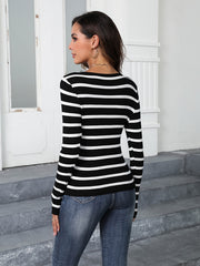 Striped Print Knit Sweater Slim Crew Neck Long Sleeve