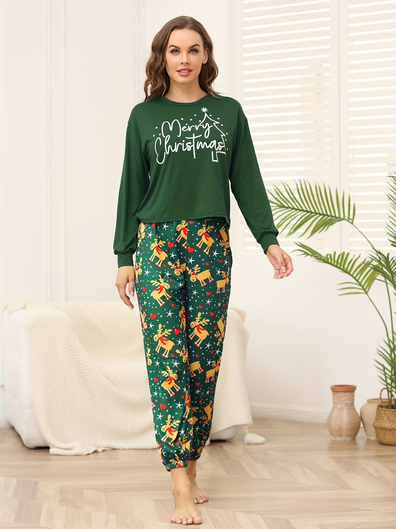 Elk Print Pajama Set Christmas Long Sleeve Crew Neck Top & Pants