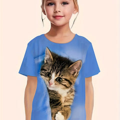 Cat Print Short Sleeve T Shirt Girls