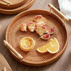 Rustic Hand Woven Rattan Serving Tray with Handles