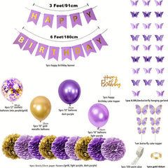 Purple Birthday Decorations Butterfly Garland Balloons Flowers Cake Toppers
