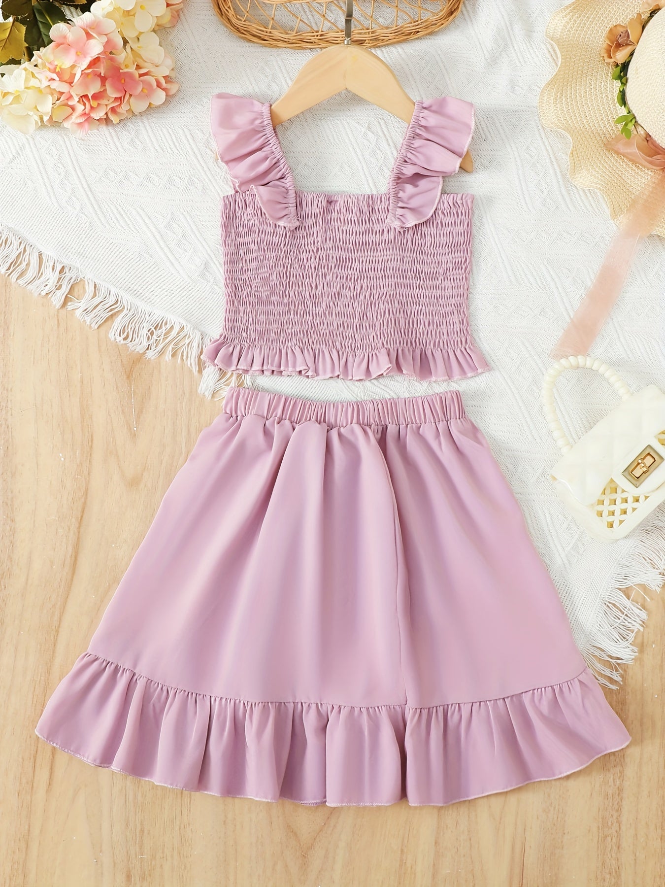 Girls' 2 Piece Outfit Shirred Crop Top & Frilled Mini Skirt Set