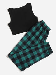 Plaid Print Pajama Set Sleeveless Top & Pants