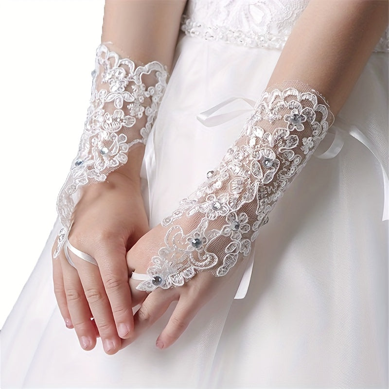 Bridal Wedding Gloves Sunscreen Lace Gloves Inlaid Rhinestone