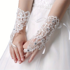Bridal Wedding Gloves Sunscreen Lace Gloves Inlaid Rhinestone