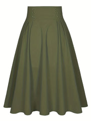Button Front High Waist Solid Pleated Skirt
