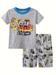 Excavator Cartoon Print Toddler Boys 2PC Pajamas Set