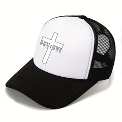 Men's Cross Believe Print Outdoor Sun Hat Breathable Net Baseball Cap