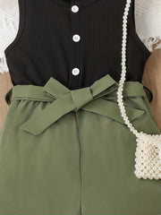 Girls Ribbed Sleeveless Romper Jumpsuit with Belt